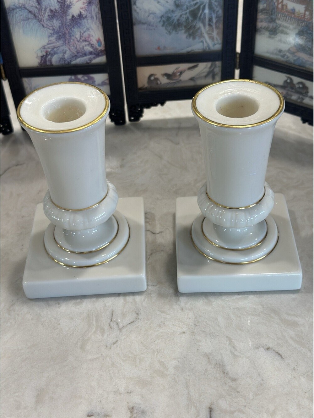 Beautiful vintage Lenox ivory porcelain candlestick holders with 24K gold trim,